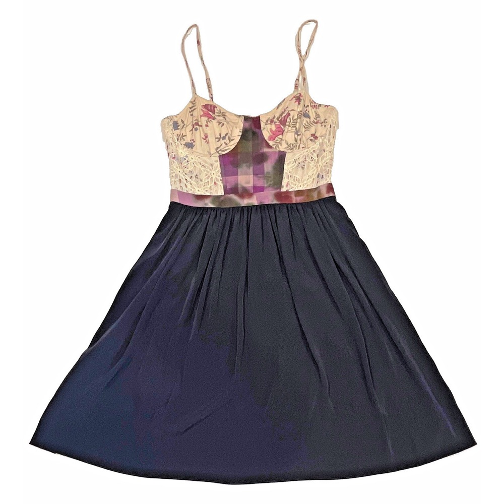 Rachel Roy Floral Lace Plaid Mixed Media Cami Dress Black Multi Size 6